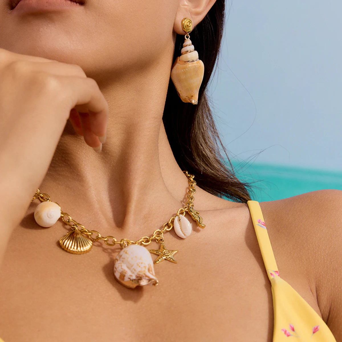 Uworld Ocean Vacation Style Natural Shell Conch Earrings Hammer Patterned Sea Star Ribbed Shell Conch Pendant Necklace Women'S J