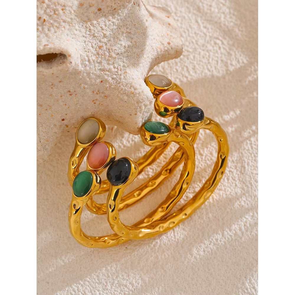 62Mm High Quality Stainless Steel Multicolored Natural Stone Golden Cuff Open Bracelet Bangle Water Resistant Jewelry 2024