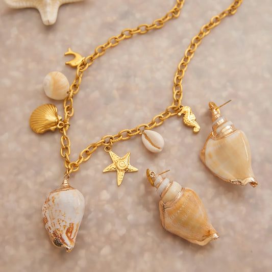 Uworld Ocean Vacation Style Natural Shell Conch Earrings Hammer Patterned Sea Star Ribbed Shell Conch Pendant Necklace Women'S J