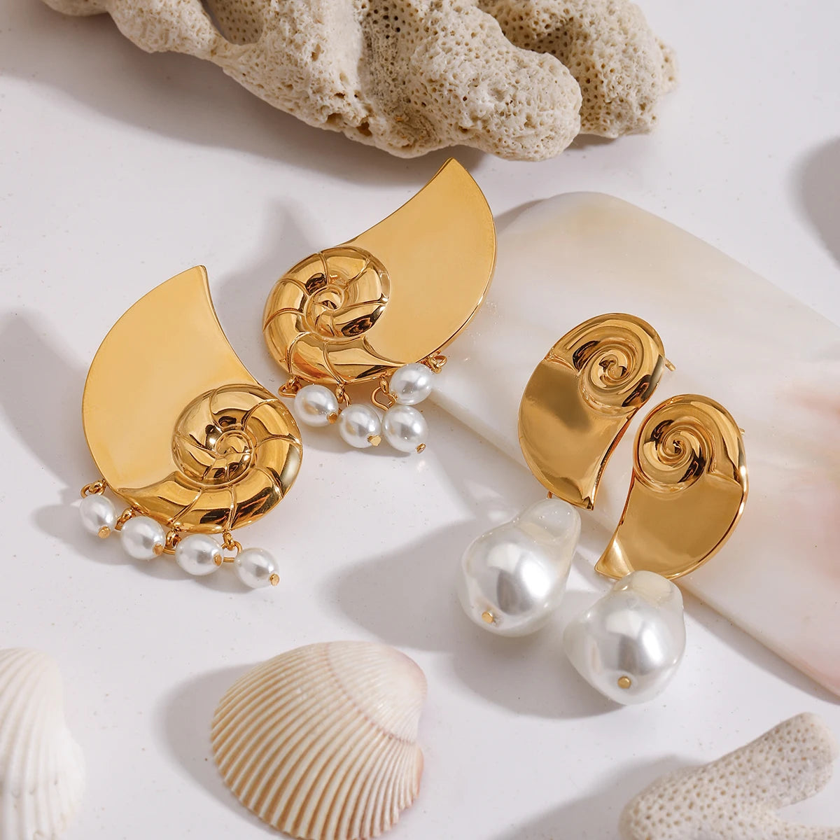 Zora Conch Spiral Baroque Pearl Pendant Earrings 