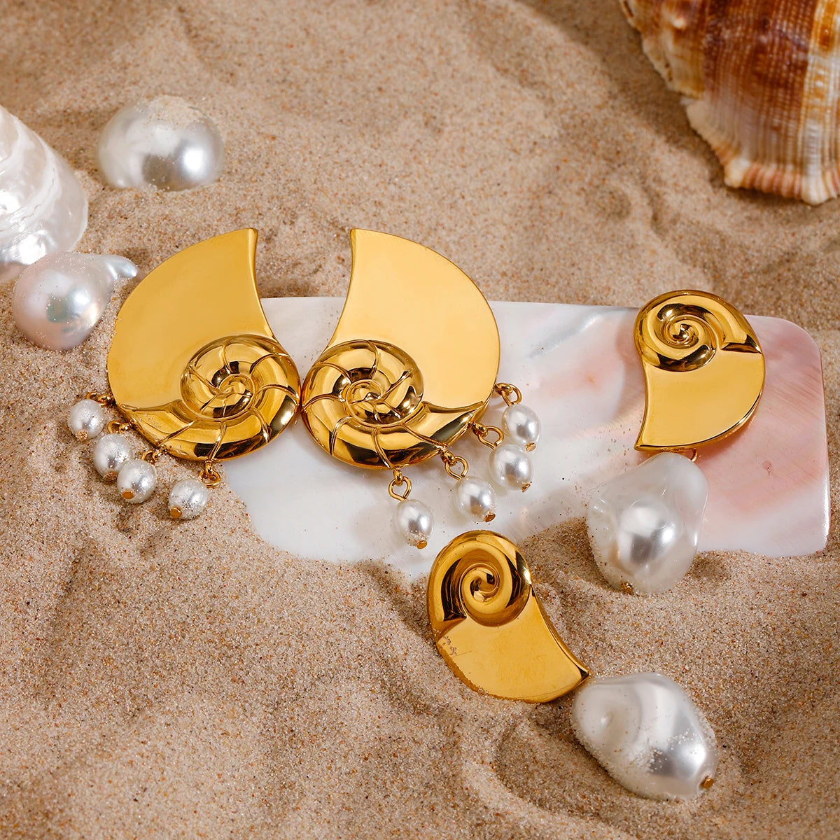 Zora Conch Spiral Baroque Pearl Pendant Earrings 