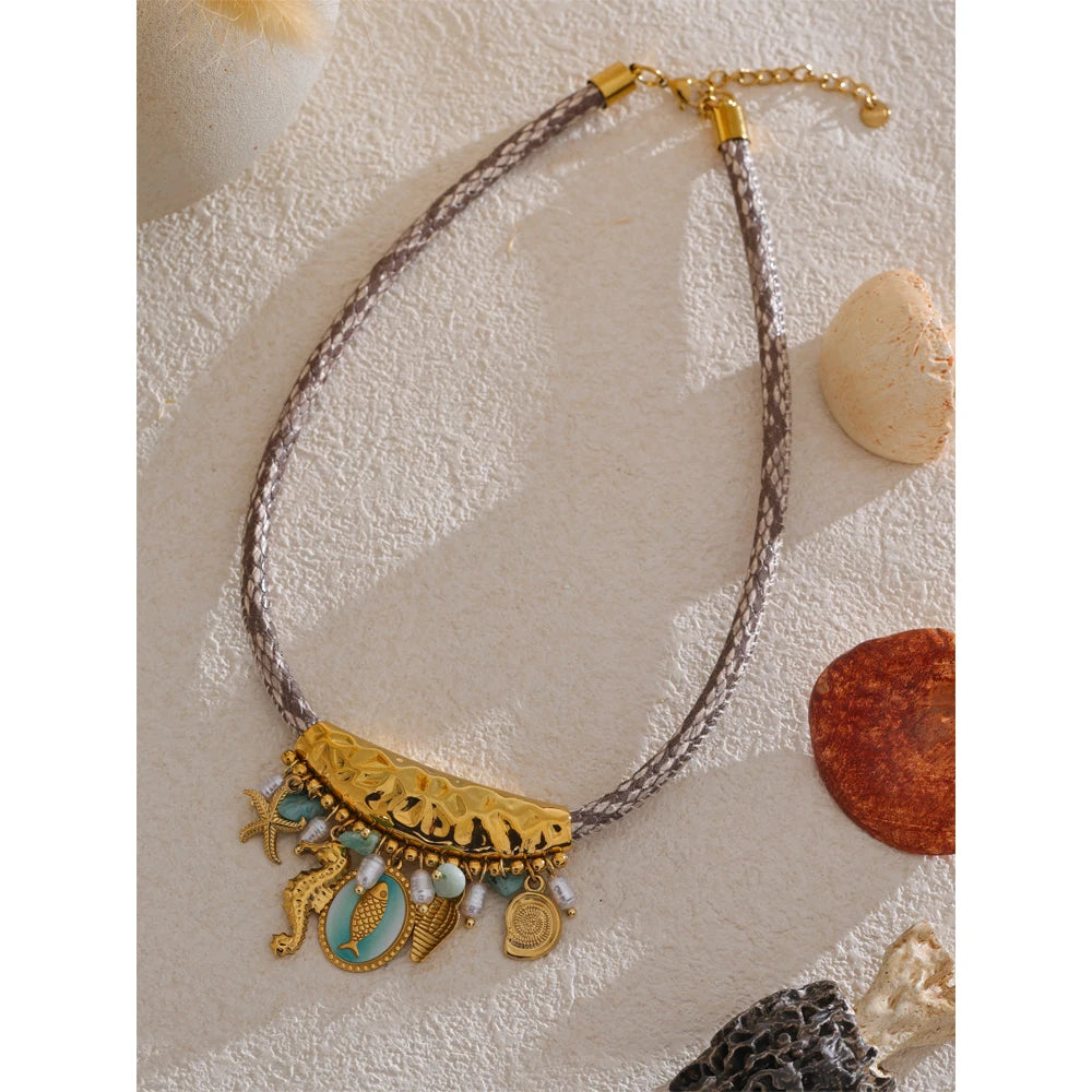 Handcrafted Ocean-Inspired Necklace with Pearls and Starfish over Gold Plated Stainless Steel