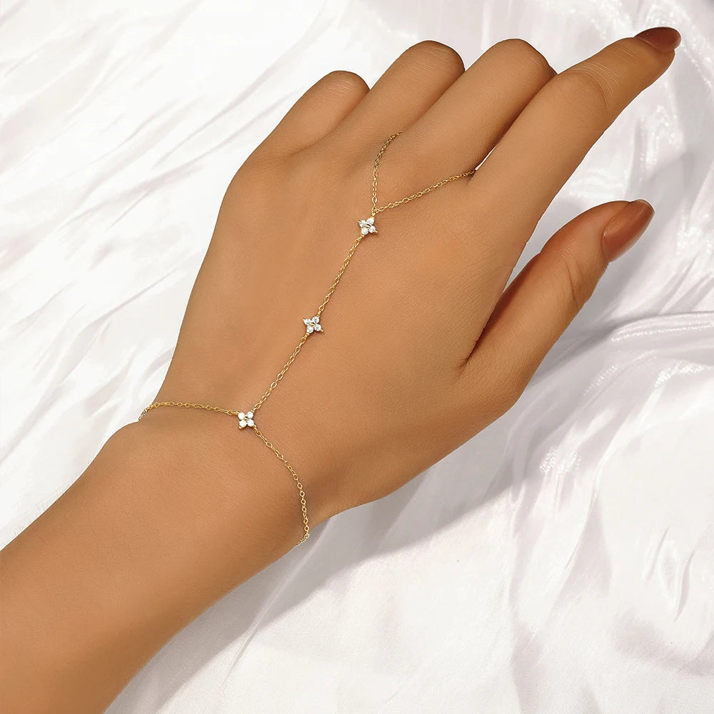 925 Sterling Silver Heart/Star Zircon Bracelet with Finger Design for Women Hand Chain Accessories Party Jewelry Gift