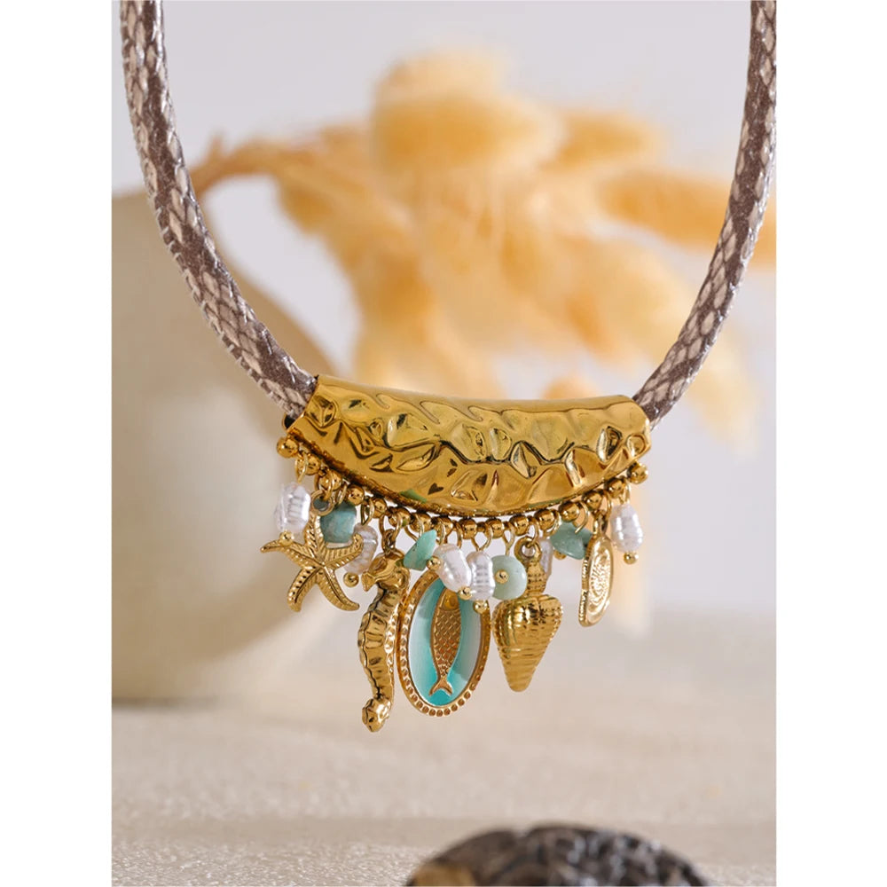 Handcrafted Ocean-Inspired Necklace with Pearls and Starfish over Gold Plated Stainless Steel