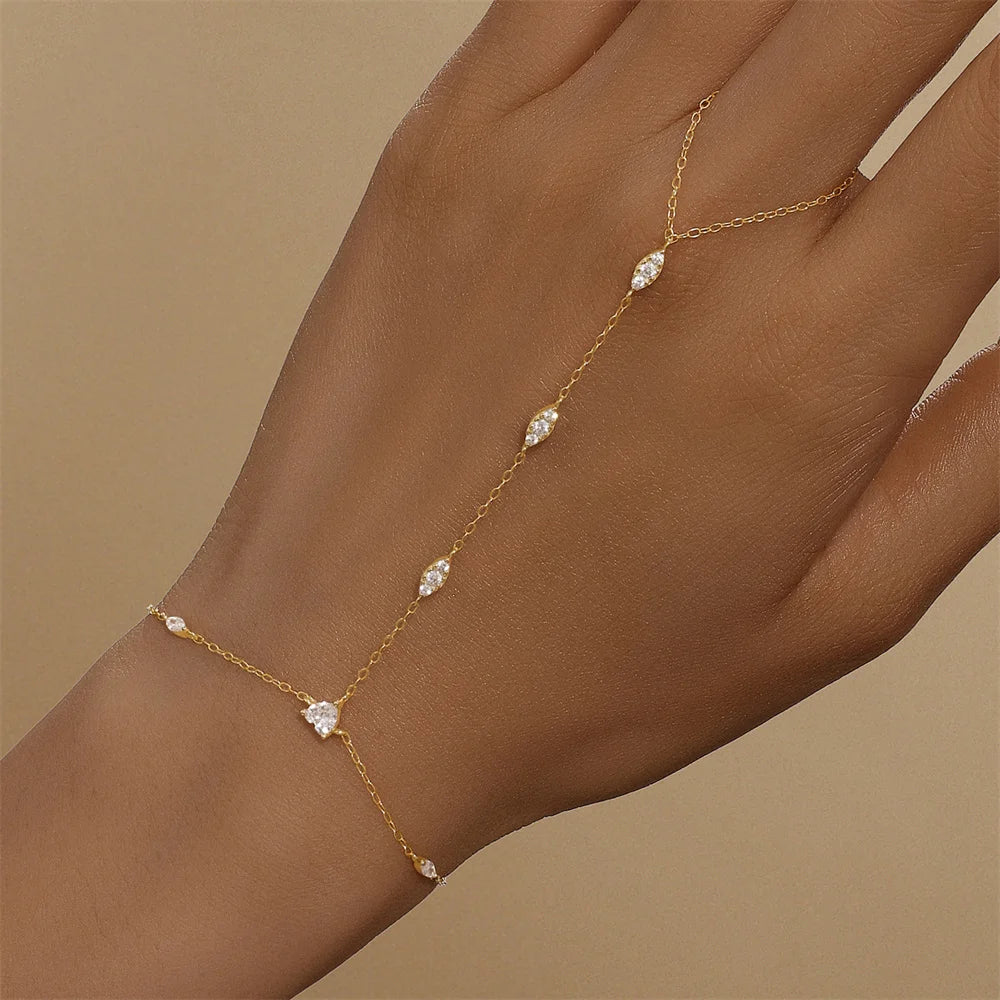 925 Sterling Silver Heart/Star Zircon Bracelet with Finger Design for Women Hand Chain Accessories Party Jewelry Gift