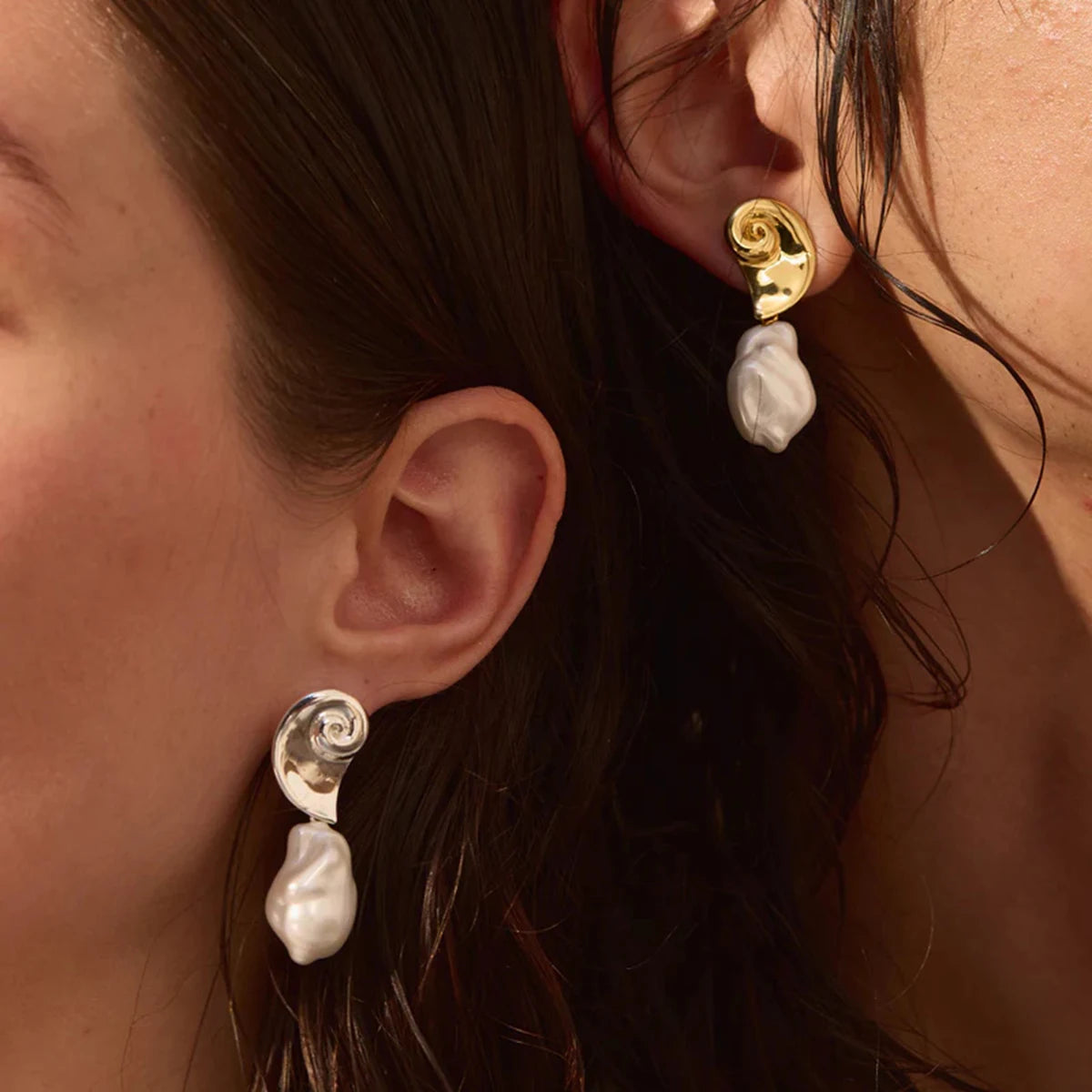 Zora Conch Spiral Baroque Pearl Pendant Earrings 