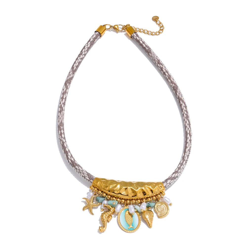 Handcrafted Ocean-Inspired Necklace with Pearls and Starfish over Gold Plated Stainless Steel