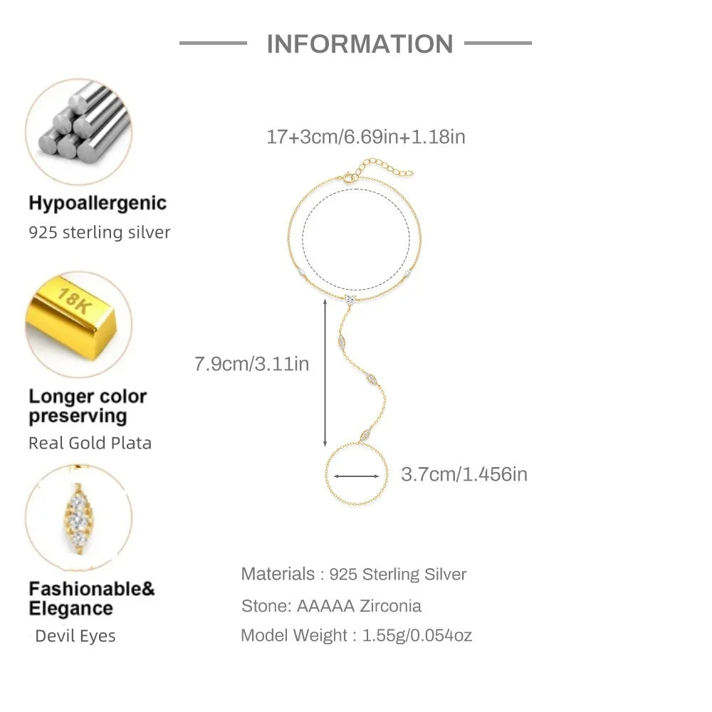 925 Sterling Silver Heart/Star Zircon Bracelet with Finger Design for Women Hand Chain Accessories Party Jewelry Gift