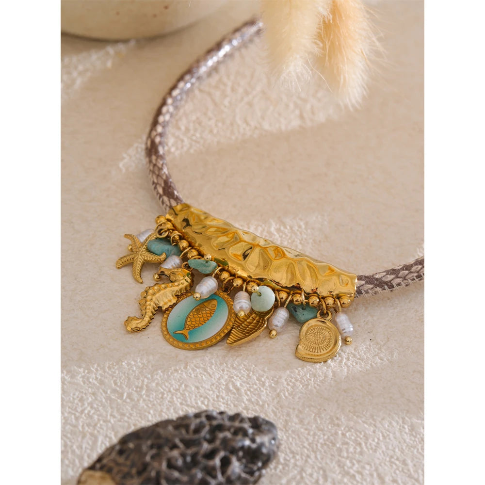 Handcrafted Ocean-Inspired Necklace with Pearls and Starfish over Gold Plated Stainless Steel