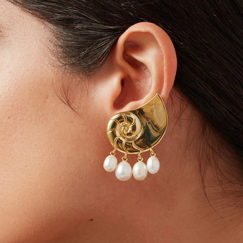 Zora Conch Spiral Baroque Pearl Pendant Earrings 